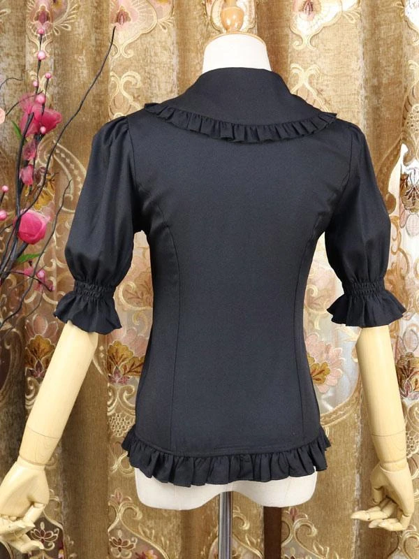 Sweet Lolita Shirt Bow Frill Peter Pan Collar Black Chiffon Half Sleeve Lolita Top - Image 3