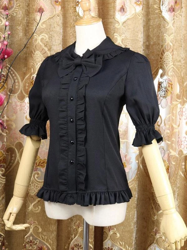 Sweet Lolita Shirt Bow Frill Peter Pan Collar Black Chiffon Half Sleeve Lolita Top - Image 2