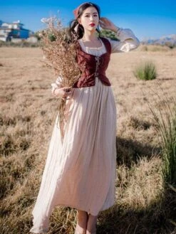 Retro Medieval Scotland Dress Women Two Pieces Vintage Garden Floral Plaid Dress Fashion Patchwork Prairie Chic Sukol Dress