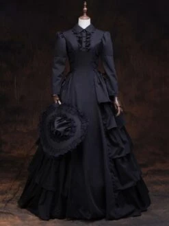 Victorian Dress Costume Women's Black Retro Long Sleeves Ball Gown Lapel Marie Antoinette Costume Dress Victorian Era Style Outfits Costumes Halloween