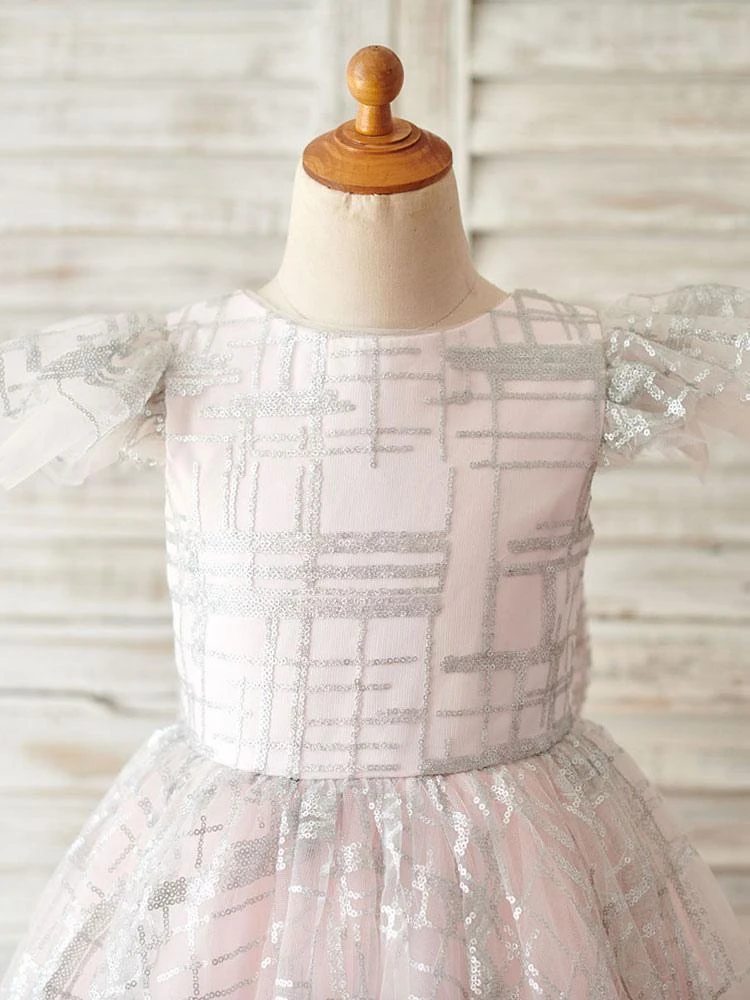 Flower Girl Dresses Soft Pink Jewel Neck Short Sleeves Bows Kids Party Dresses - Image 3