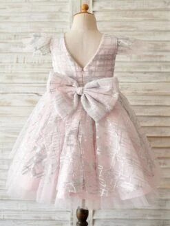 Flower Girl Dresses Soft Pink Jewel Neck Short Sleeves Bows Kids Party Dresses