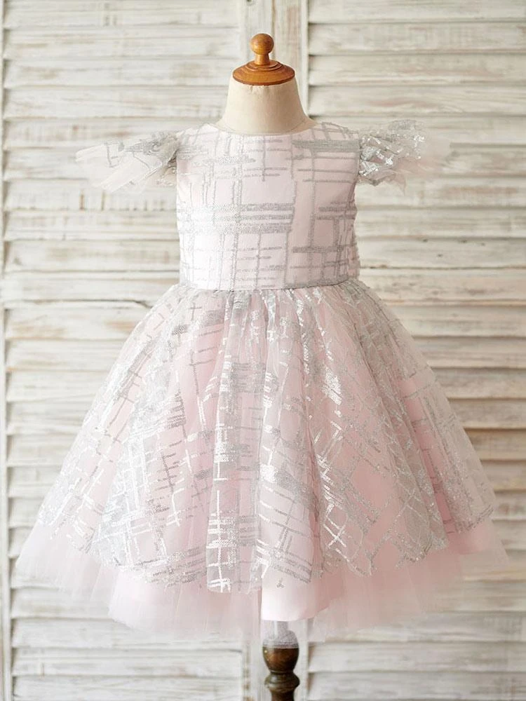 Flower Girl Dresses Soft Pink Jewel Neck Short Sleeves Bows Kids Party Dresses - Image 2