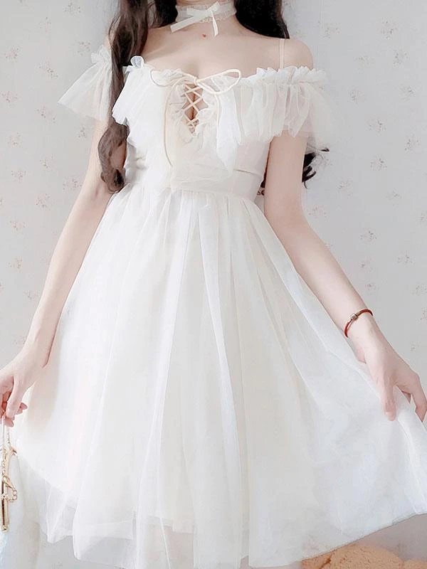 Sweet Lolita OP Dress White Ruffles Lace Up Lolita One Piece Dresses - Image 6
