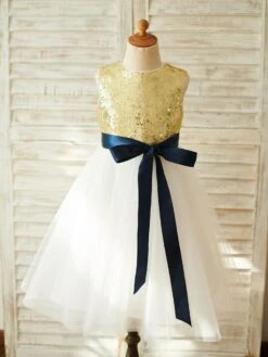 Flower Girl Dresses Light Gold Jewel Neck Sleeveless Sash Kids Party Dresses
