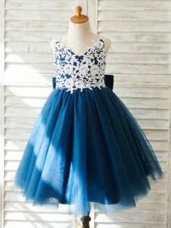 Flower Girl Dresses Bows Sleeveless V-Neck Dark Navy Kids Party Dresses