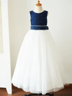 Flower Girl Dresses Jewel Neck Tulle Sleeveless Floor-Length Princess Silhouette Sash Kids Party Dresses
