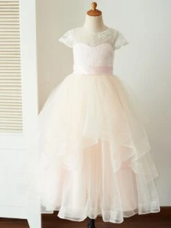 Flower Girl Dresses Jewel Neck Tulle Short Sleeves Floor-Length Princess Silhouette Sash Kids Social Party Dresses