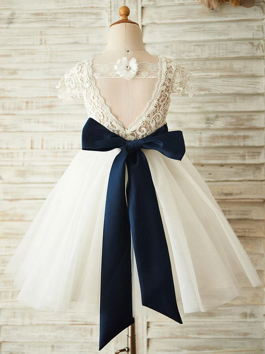 Flower Girl Dresses Jewel Neck Short Sleeves Sash Kids Party Dresses