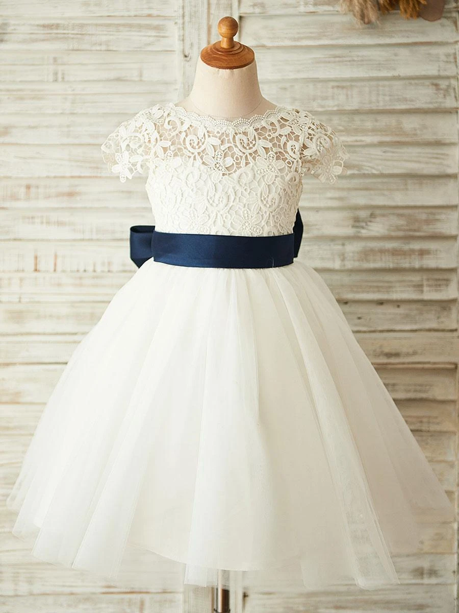 Flower Girl Dresses Jewel Neck Short Sleeves Sash Kids Party Dresses - Image 2
