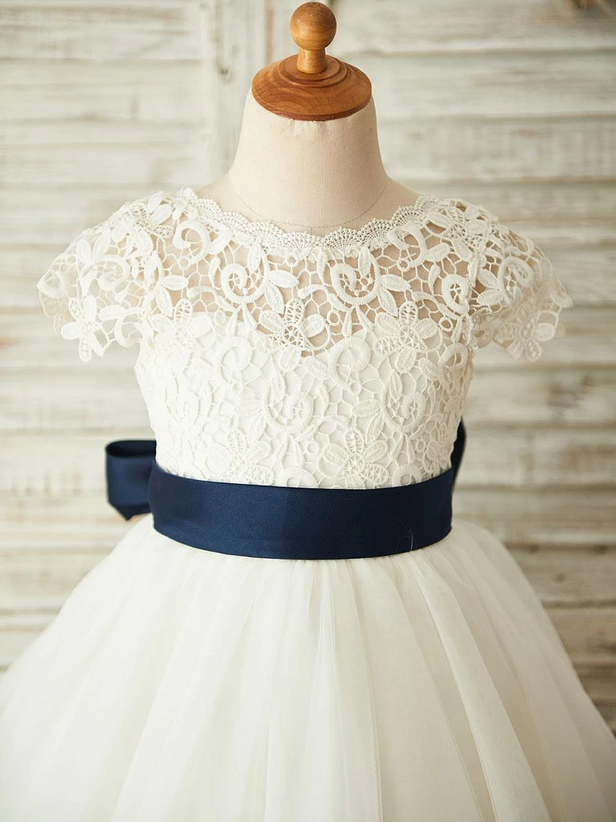 Flower Girl Dresses Jewel Neck Short Sleeves Sash Kids Party Dresses - Image 3