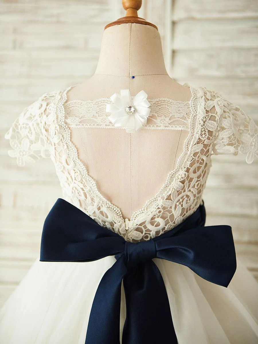 Flower Girl Dresses Jewel Neck Short Sleeves Sash Kids Party Dresses - Image 4