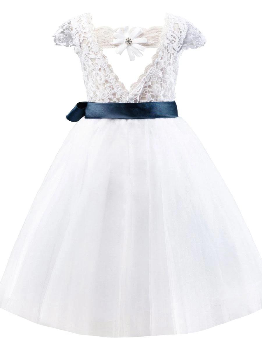 Flower Girl Dresses Jewel Neck Short Sleeves Sash Kids Party Dresses - Image 5