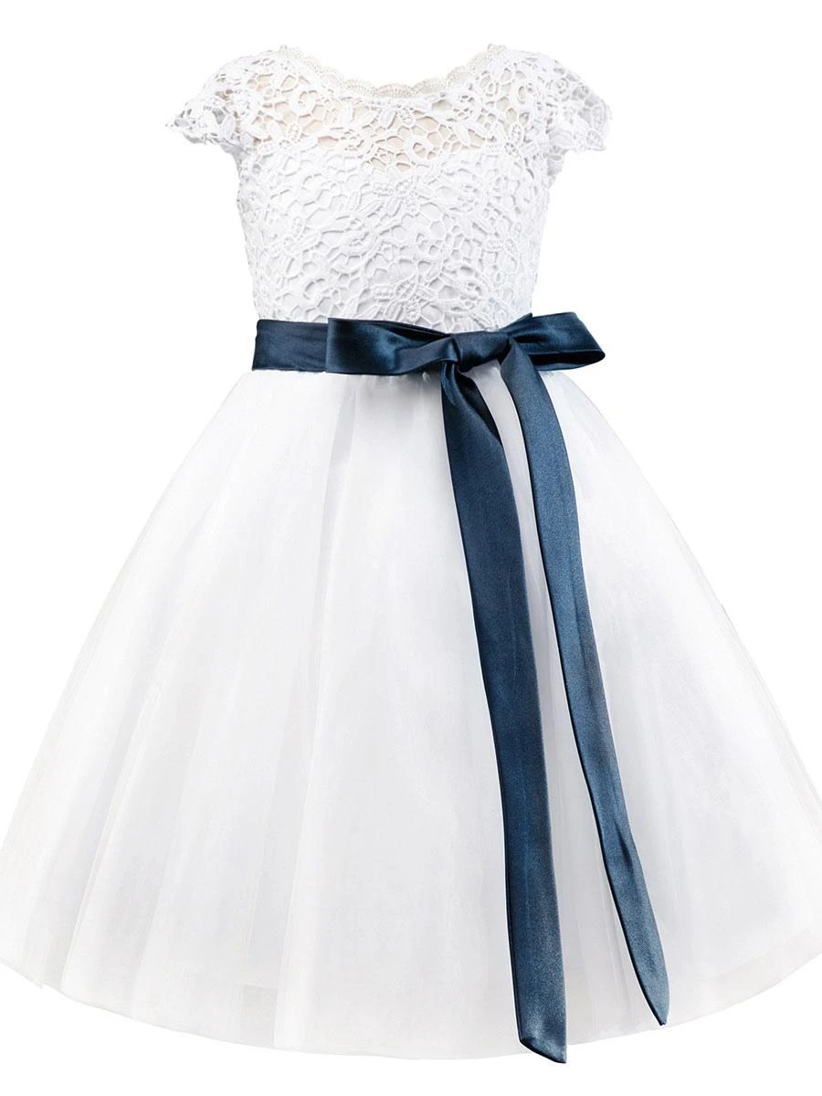 Flower Girl Dresses Jewel Neck Short Sleeves Sash Kids Party Dresses - Image 6