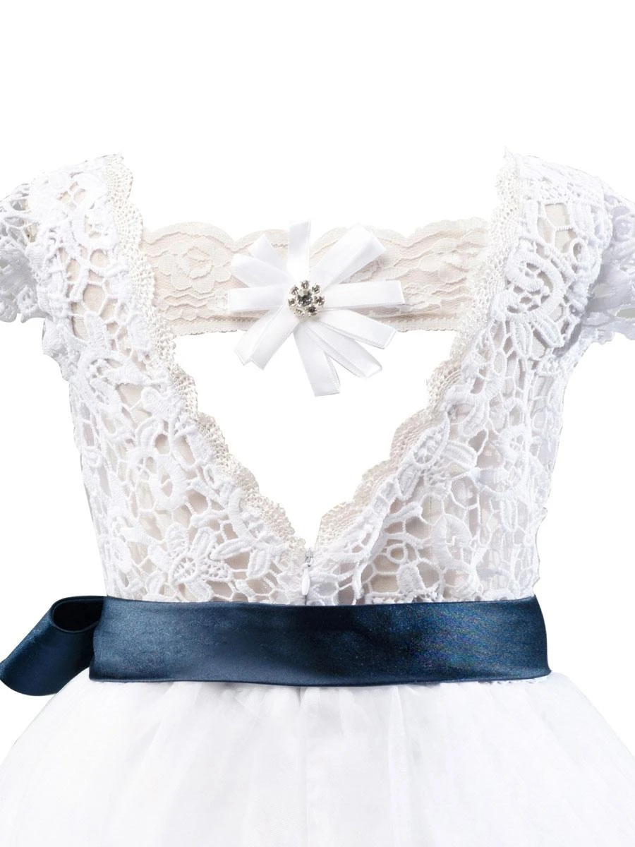 Flower Girl Dresses Jewel Neck Short Sleeves Sash Kids Party Dresses - Image 7