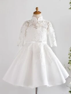 Flower Girl Dresses High Collar Half Sleeves Sash Kids Social Party Dresses
