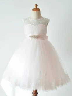 Flower Girl Dresses Sash Sleeveless Jewel Neck Soft Pink Kids Party Dresses
