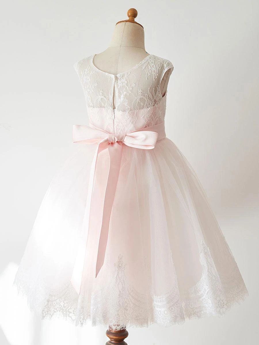 Flower Girl Dresses Sash Sleeveless Jewel Neck Soft Pink Kids Party Dresses - Image 2