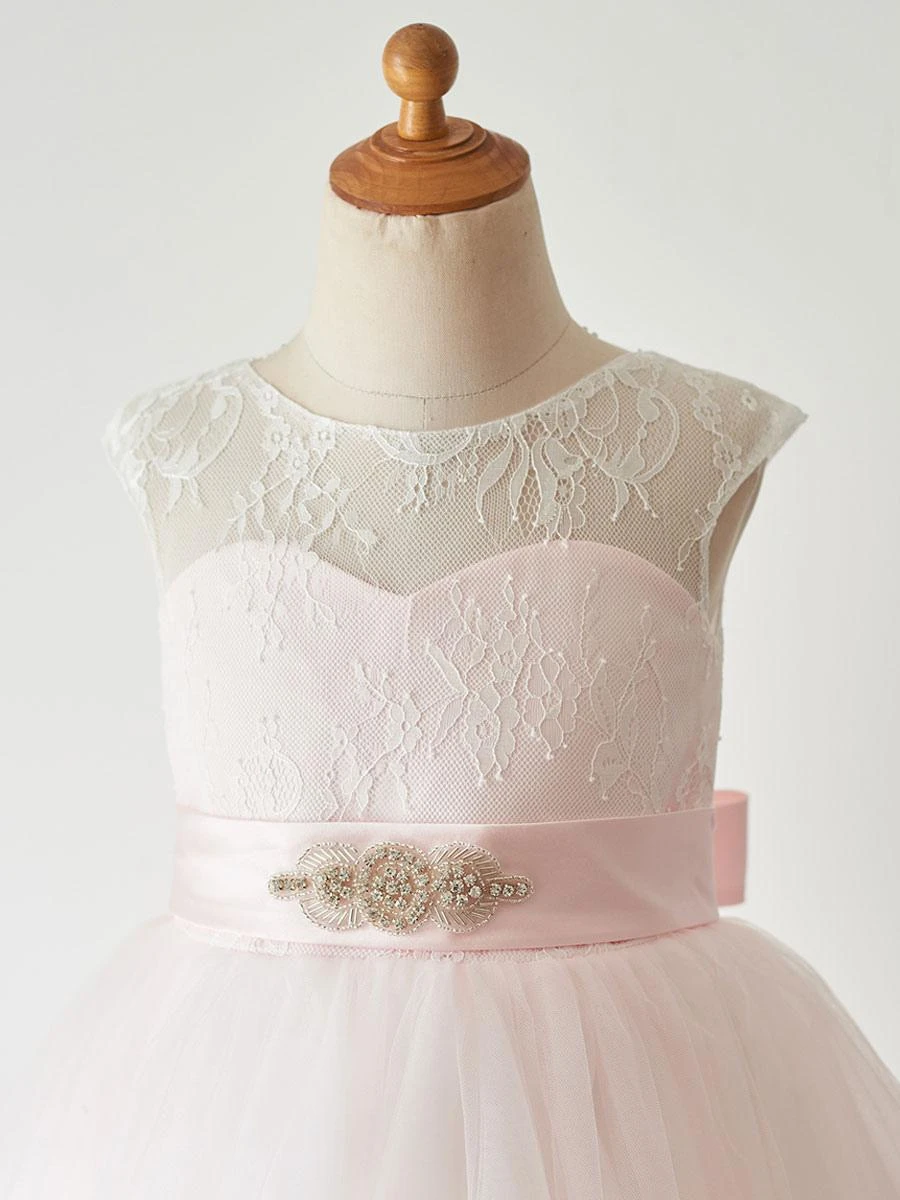 Flower Girl Dresses Sash Sleeveless Jewel Neck Soft Pink Kids Party Dresses - Image 3