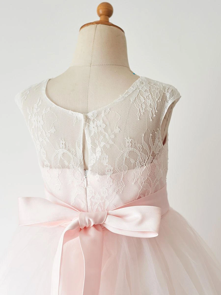 Flower Girl Dresses Sash Sleeveless Jewel Neck Soft Pink Kids Party Dresses - Image 4