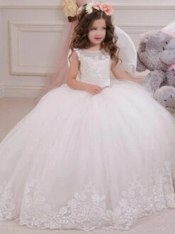 Flower Girl Dresses Jewel Neck Tulle Sleeveless Ankle Length Ball Gown Sash Kids Party Dresses