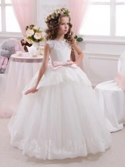 Flower Girl Dresses Jewel Neck Sleeveless Bows Formal Kids Pageant Dresses