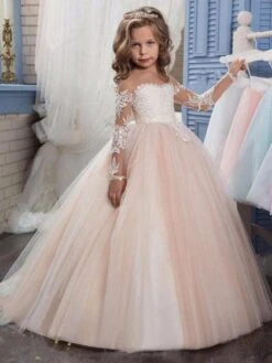 Flower Girl Dresses Jewel Neck Long Sleeves Lace Formal Kids Pageant Dresses