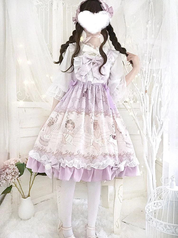 Sweet Lolita JSK Dress Lolita Printed Bows Light Sky Blue Lolita Jumper Skirts - Image 3