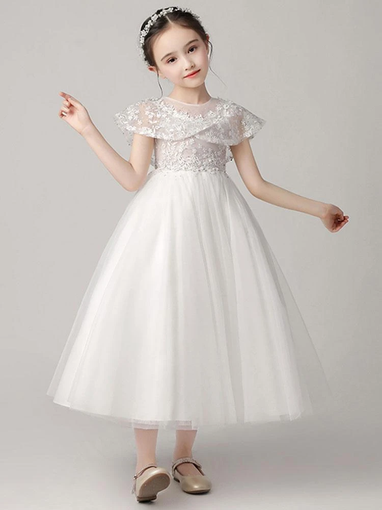 Flower Girl Dresses Jewel Neck Tulle Sleeveless Ankle Length Princess Silhouette Embroidered Kids Party Dresses