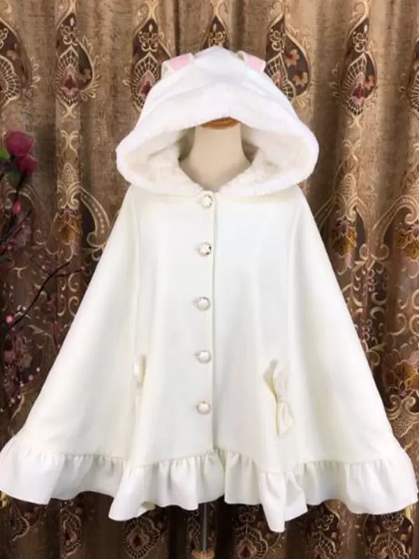 Sweet Lolita Poncho White Synthetic Piping Winter Lolita Outwears - Image 8