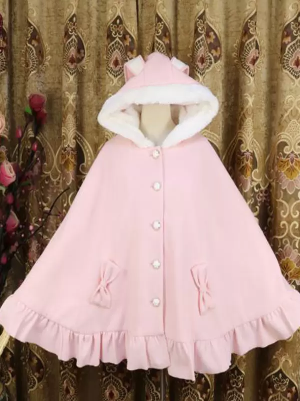 Sweet Lolita Poncho White Synthetic Piping Winter Lolita Outwears - Image 5