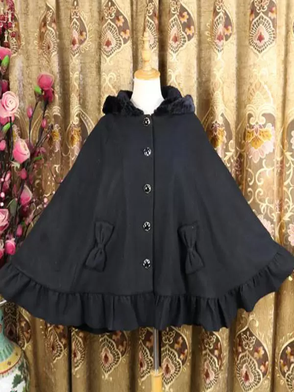 Sweet Lolita Poncho White Synthetic Piping Winter Lolita Outwears - Image 3