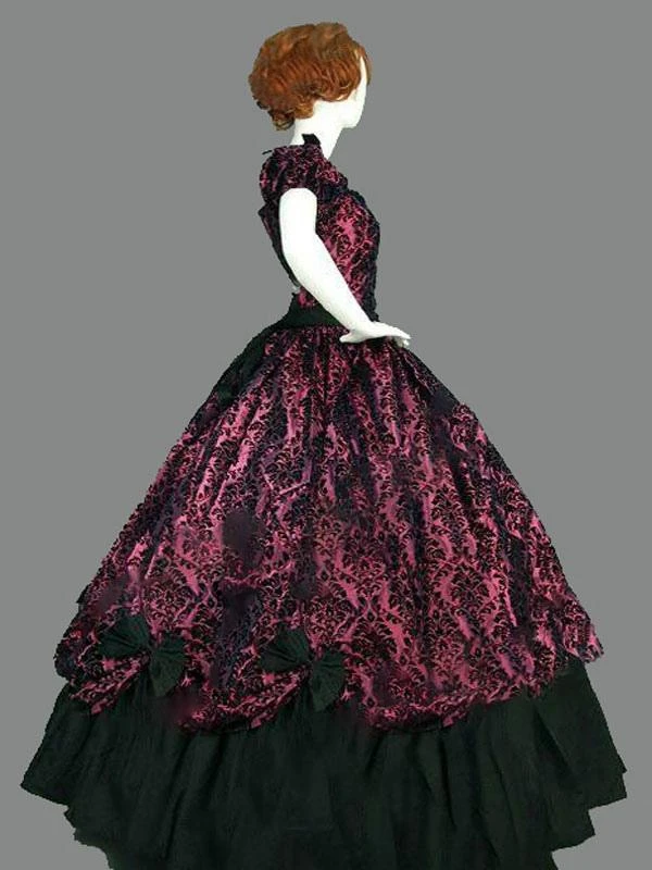 Victorian Dress Costme Prom Dress Burgundy Short Sleeves With Choker Ball Gown Jacquard Bow Ruffle Marie Antoinette Victorian Era Clothing Costumes Halloween - Image 2