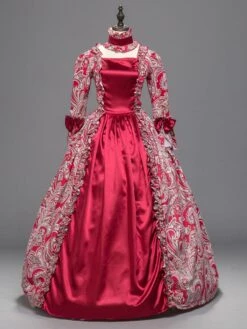 Victorian Dress Costumes Red Women's Floral Print Bow Ruffle Long Sleeves Ball Gown With Choker Marie Antoinette Costume Masquerade Viactorian Era Clothings Costumes