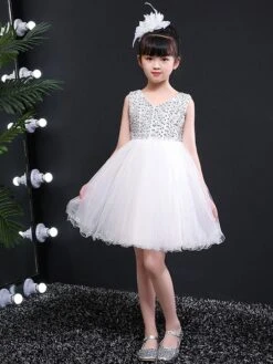 Flower Girl Dresses V Neck Sleeveless Sequins Kids Social Party Dresses