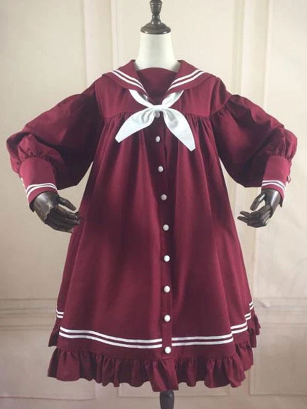 Sweet Lolita OP Dress Knotted Ruffle Button Balloon Sleeve Lolita One Piece Dresses