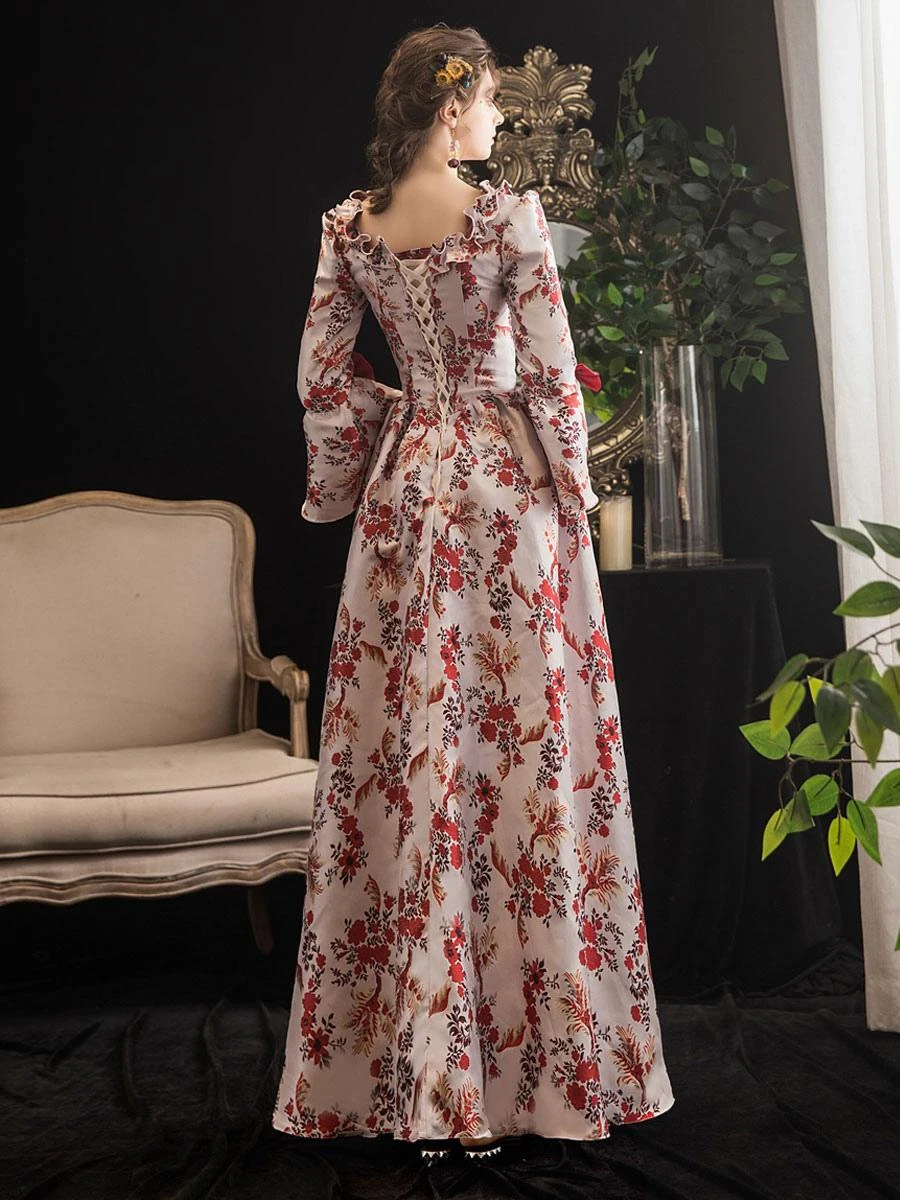 Victorian Dress Costumes Prom Dress Red Retro Costumes Ruffle Bow Floral Print Dress Marie Antoinette Victorian Era Clothing Masquerade Ball Gown - Image 6