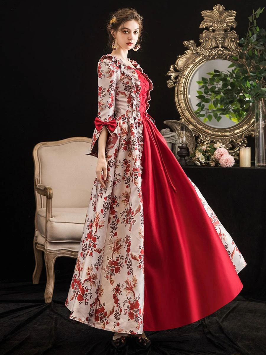Victorian Dress Costumes Prom Dress Red Retro Costumes Ruffle Bow Floral Print Dress Marie Antoinette Victorian Era Clothing Masquerade Ball Gown - Image 5