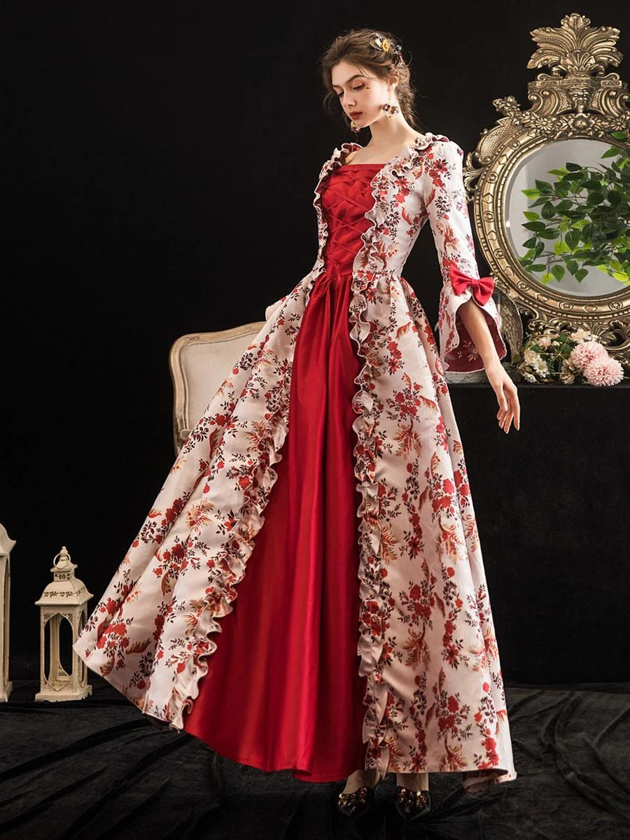 Victorian Dress Costumes Prom Dress Red Retro Costumes Ruffle Bow Floral Print Dress Marie Antoinette Victorian Era Clothing Masquerade Ball Gown - Image 3