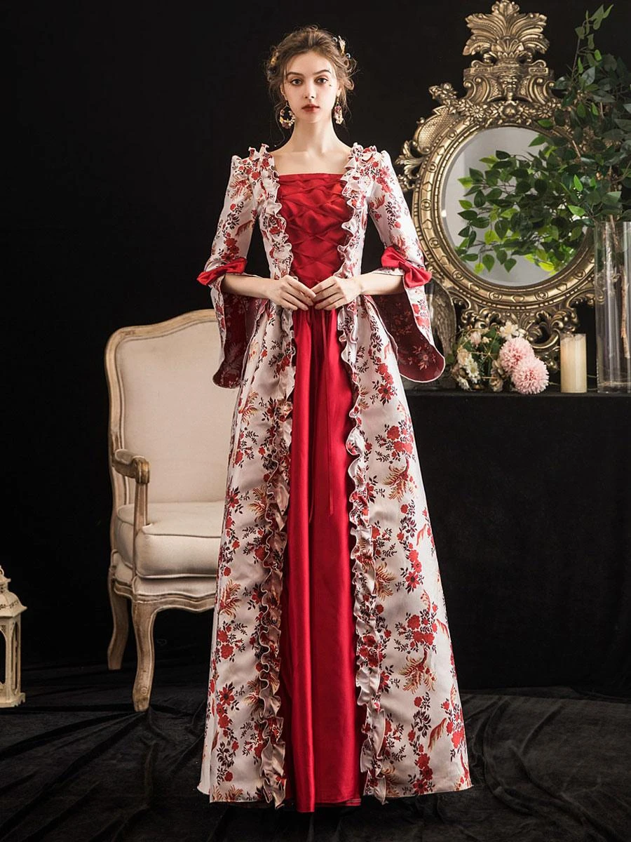 Victorian Dress Costumes Prom Dress Red Retro Costumes Ruffle Bow Floral Print Dress Marie Antoinette Victorian Era Clothing Masquerade Ball Gown - Image 2