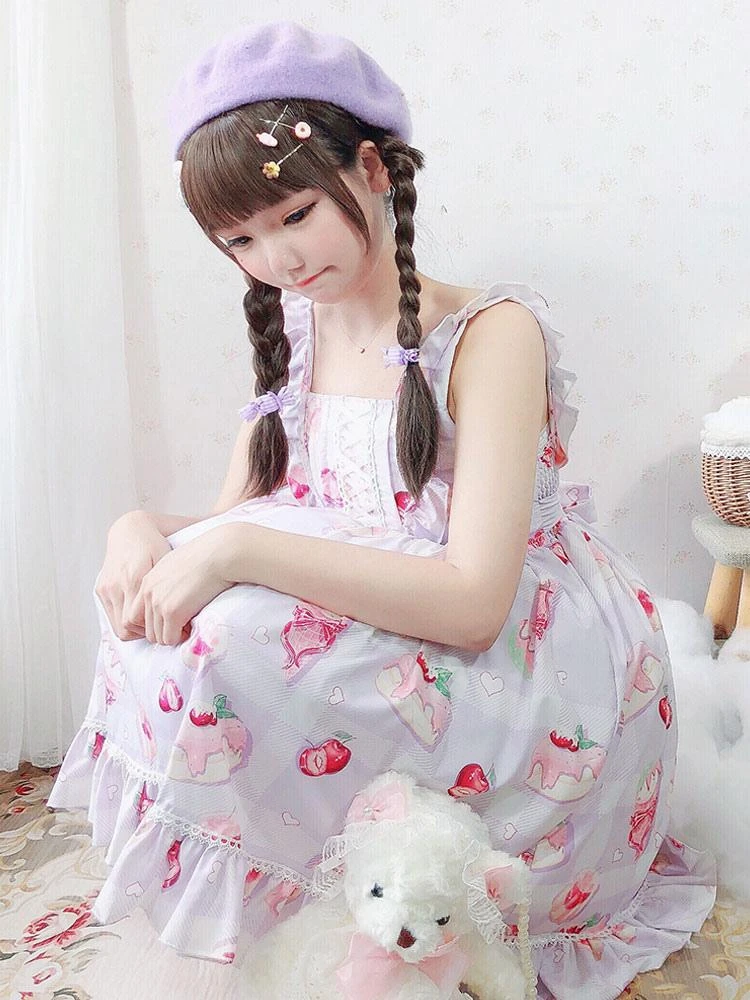 Sweet Lolita JSK Dress Cherry Cake Sleeveless Ruffles Lolita Jumper Skirts - Image 3