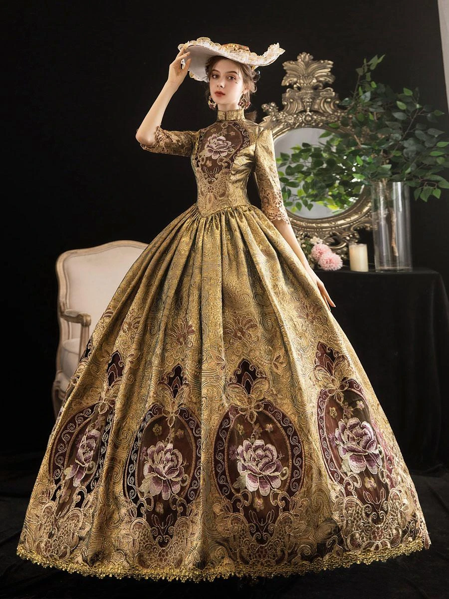 Victorian Dress Costumes Prom Dress Blonde Half Sleeves Stand Collar Victorian Era Style Marie Antoinette Costume Dress Masquerade Ball Gown - Image 3