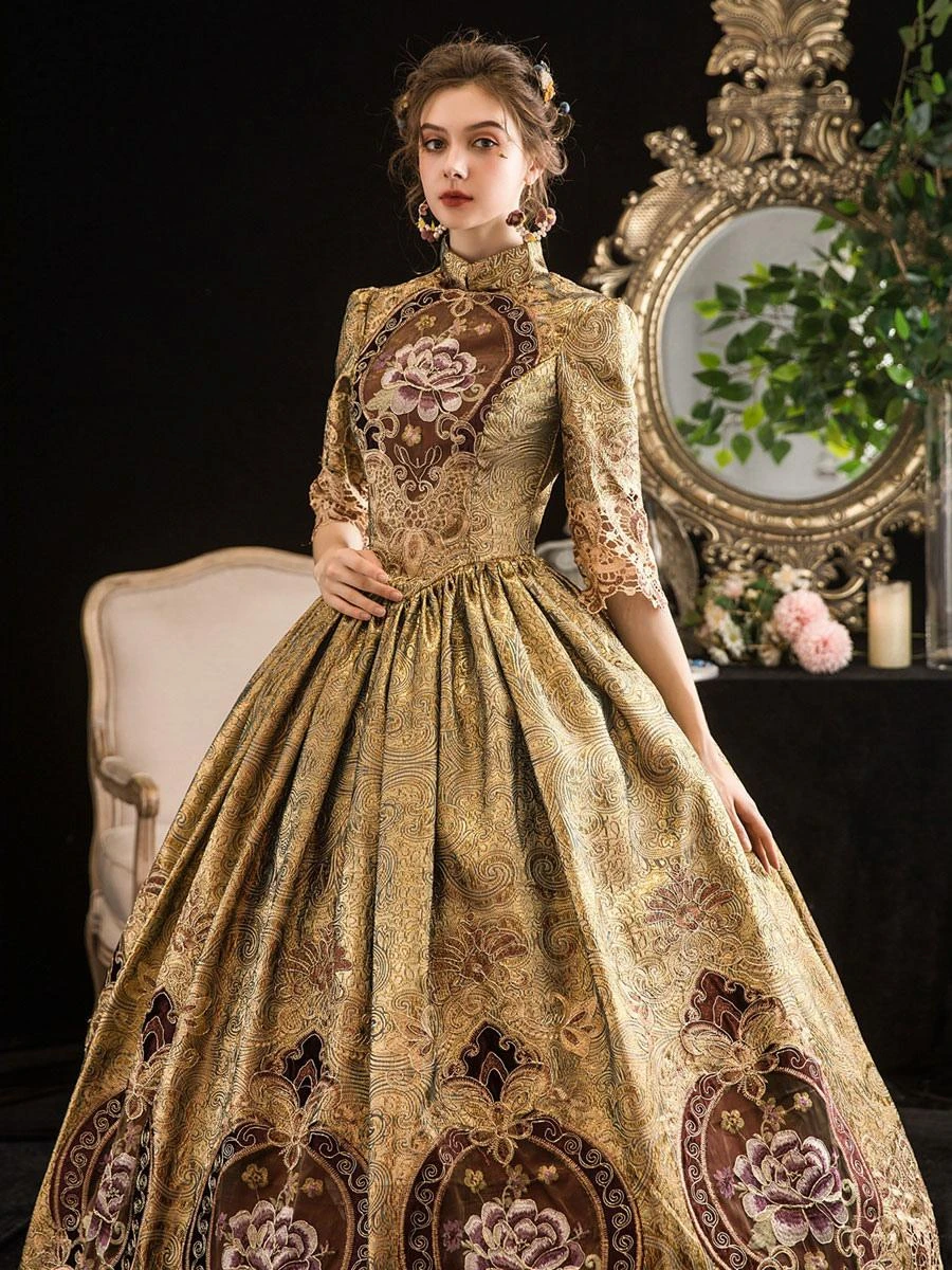 Victorian Dress Costumes Prom Dress Blonde Half Sleeves Stand Collar Victorian Era Style Marie Antoinette Costume Dress Masquerade Ball Gown - Image 6