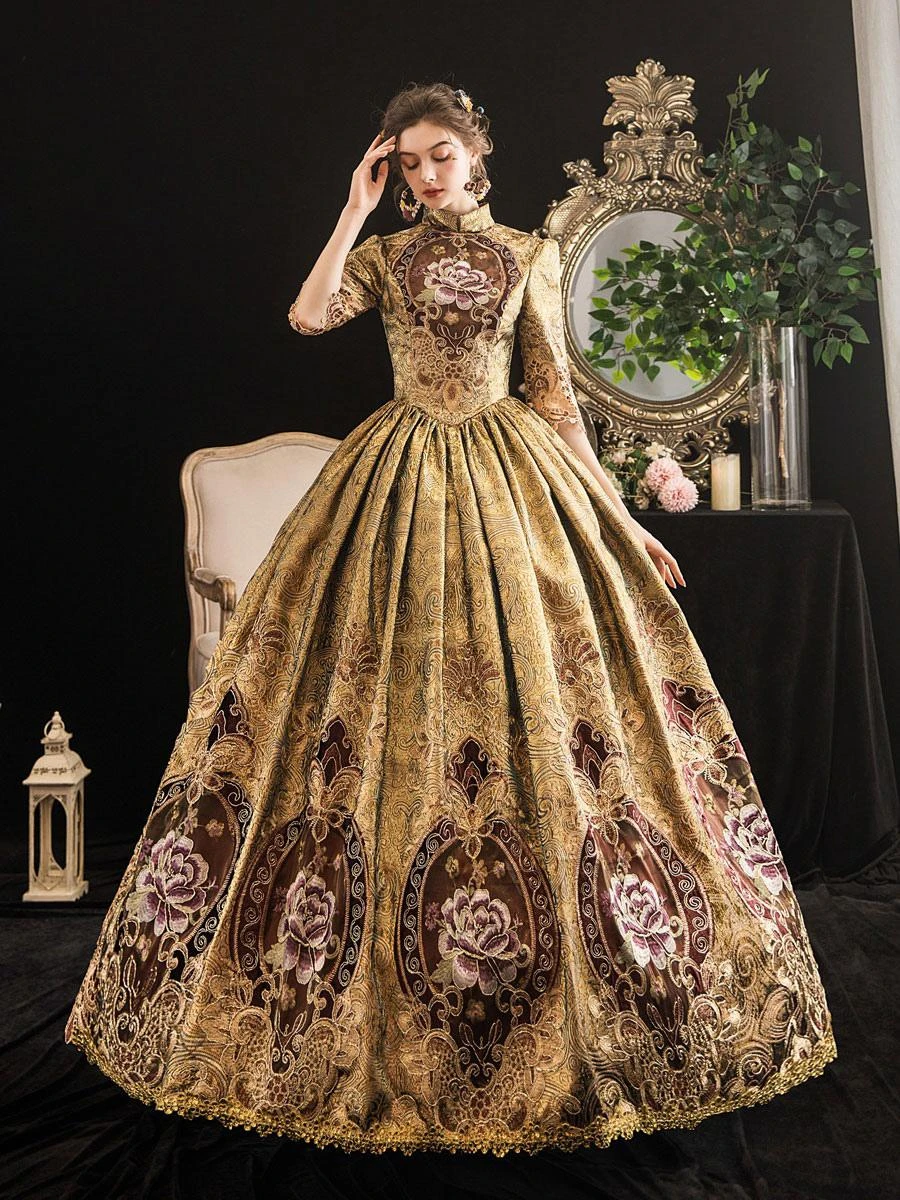 Victorian Dress Costumes Prom Dress Blonde Half Sleeves Stand Collar Victorian Era Style Marie Antoinette Costume Dress Masquerade Ball Gown - Image 2