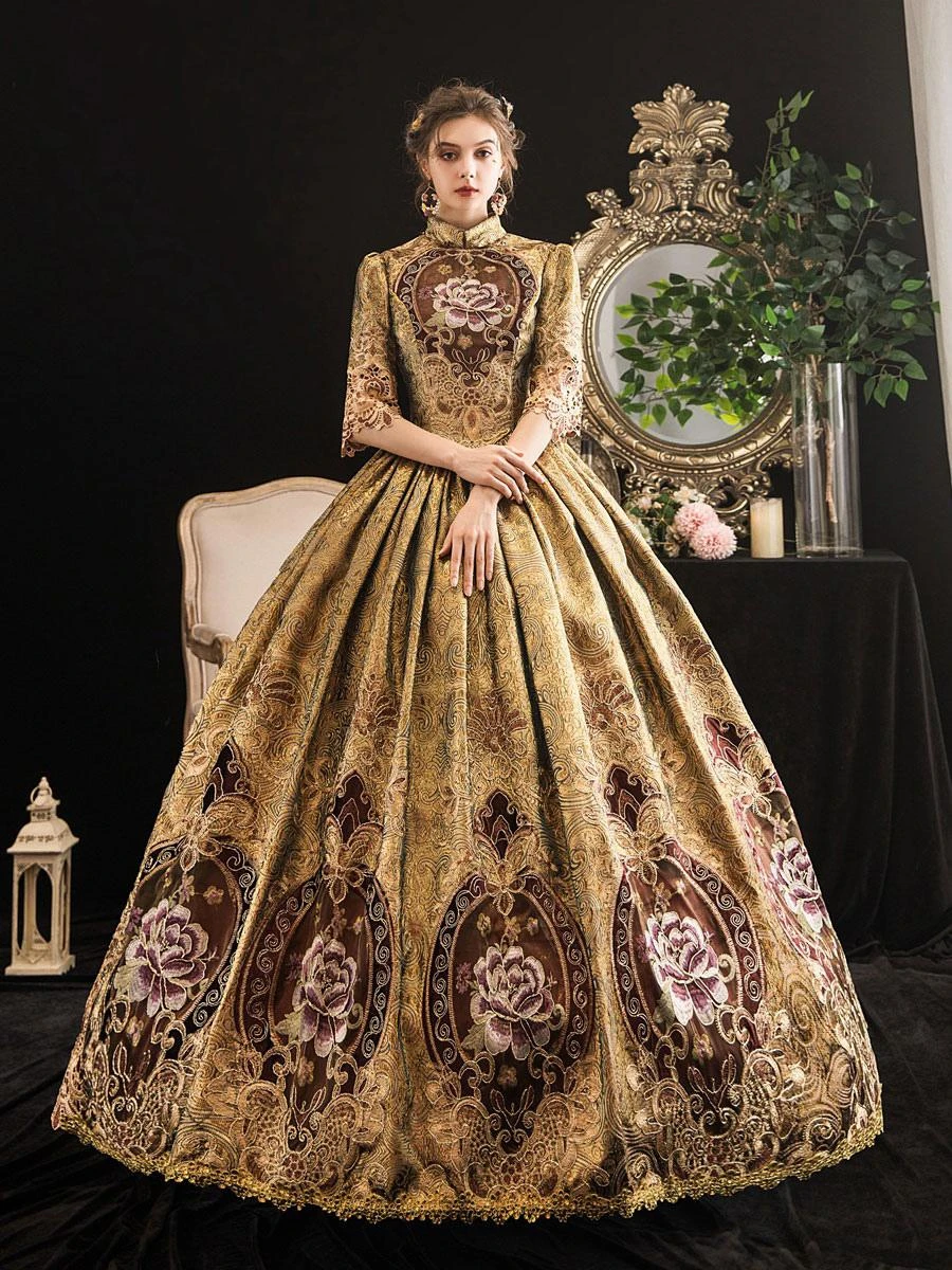 Victorian Dress Costumes Prom Dress Blonde Half Sleeves Stand Collar Victorian Era Style Marie Antoinette Costume Dress Masquerade Ball Gown