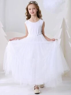 Flower Girl Dresses Jewel Neck Sleeveless Pleated Tulle Kids Party Dresses