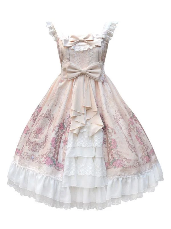 Sweet Lolita JSK Dress Bow Lace Front Opening Floral Print Lolita Jumper Skirts - Image 6