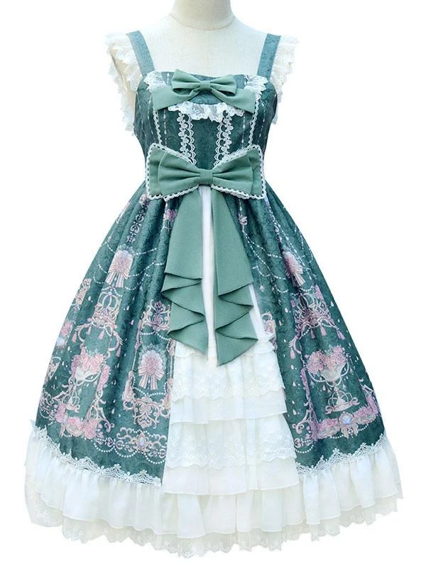 Sweet Lolita JSK Dress Bow Lace Front Opening Floral Print Lolita Jumper Skirts - Image 5