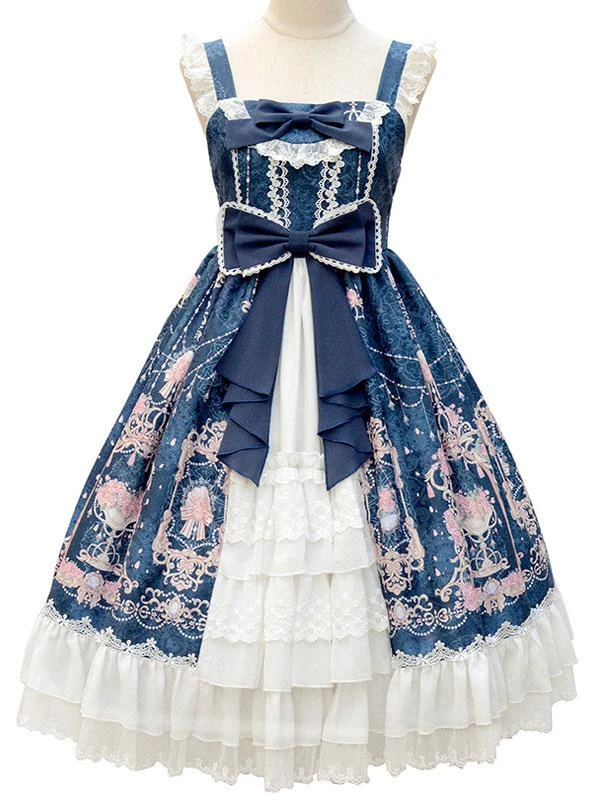 Sweet Lolita JSK Dress Bow Lace Front Opening Floral Print Lolita Jumper Skirts - Image 7