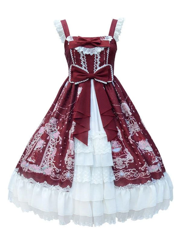 Sweet Lolita JSK Dress Bow Lace Front Opening Floral Print Lolita Jumper Skirts - Image 3